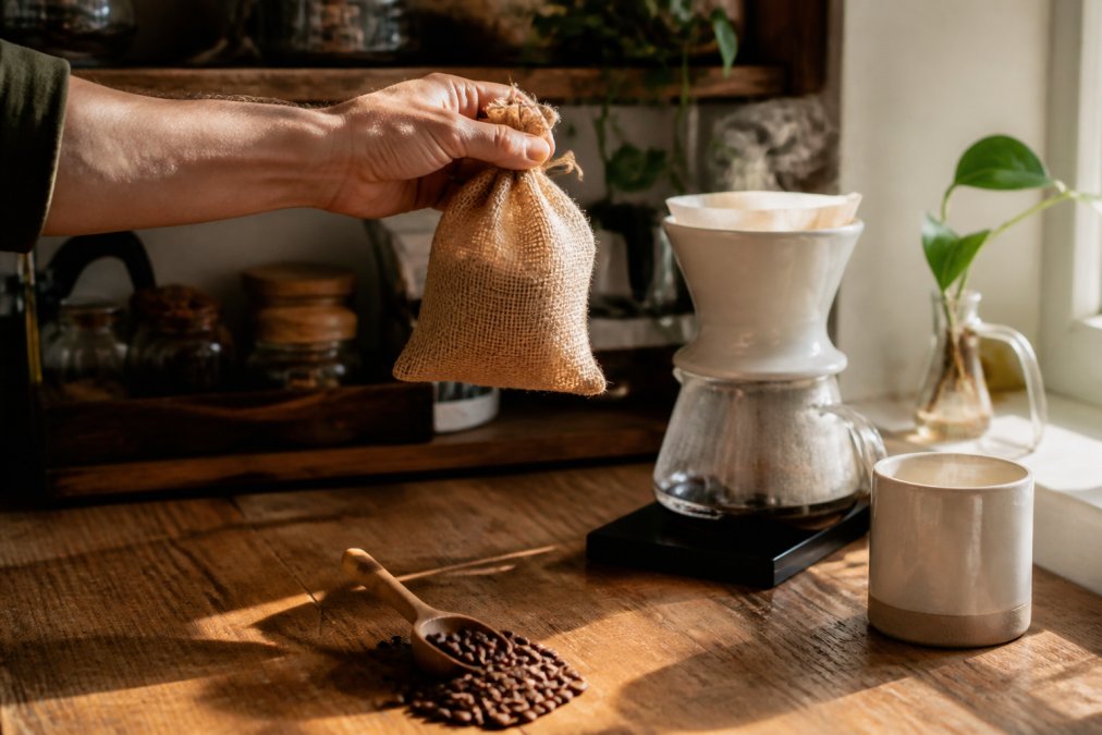 A hand lifting a small burlap sack of whole bean coffee next to a ceramic pour-over dripper and a steaming mug on a wooden kitchen counter, warm morning light