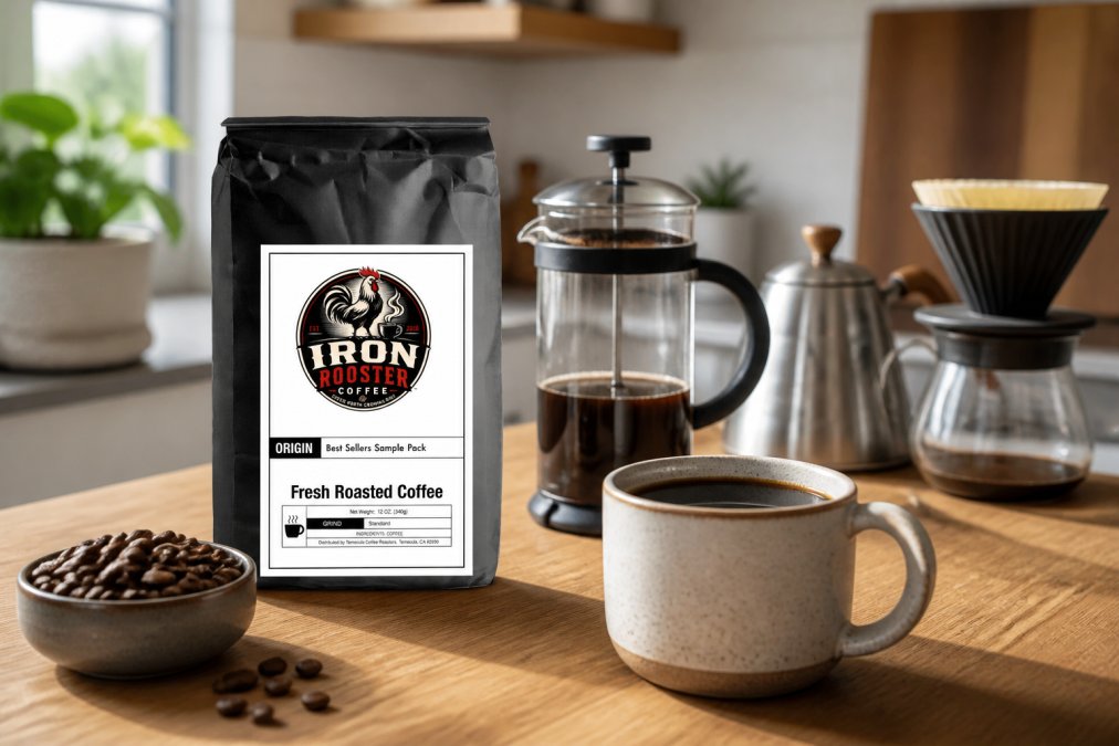 Styled coffee morning setup with a ceramic mug filled with fresh coffee, whole beans in a small bowl, and brewing equipment on a kitchen counter with natural morning light