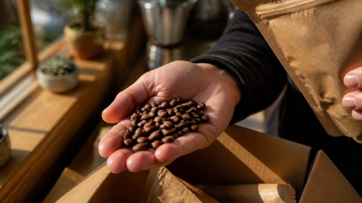Freshly roasted coffee beans held in a palm with a roast date label on kraft packaging in morning sunlight.