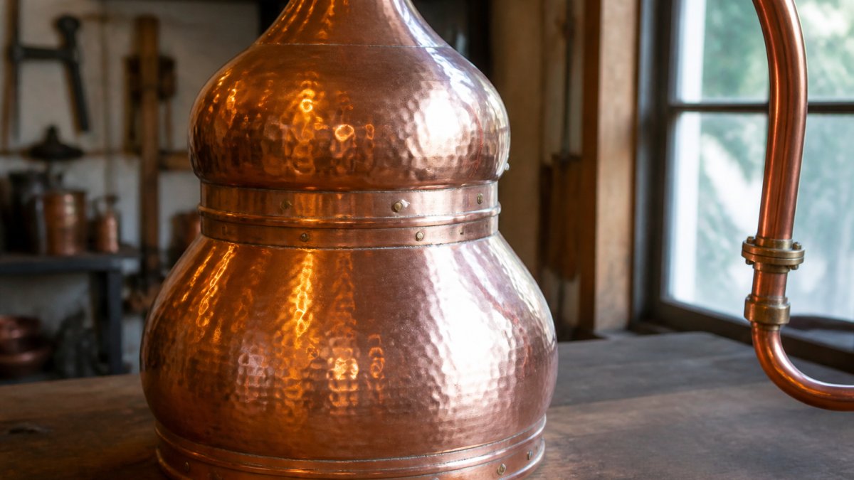 Diagram illustrating the quality features of copper distillation equipment by highlighting hand-hammered seams and rivets.