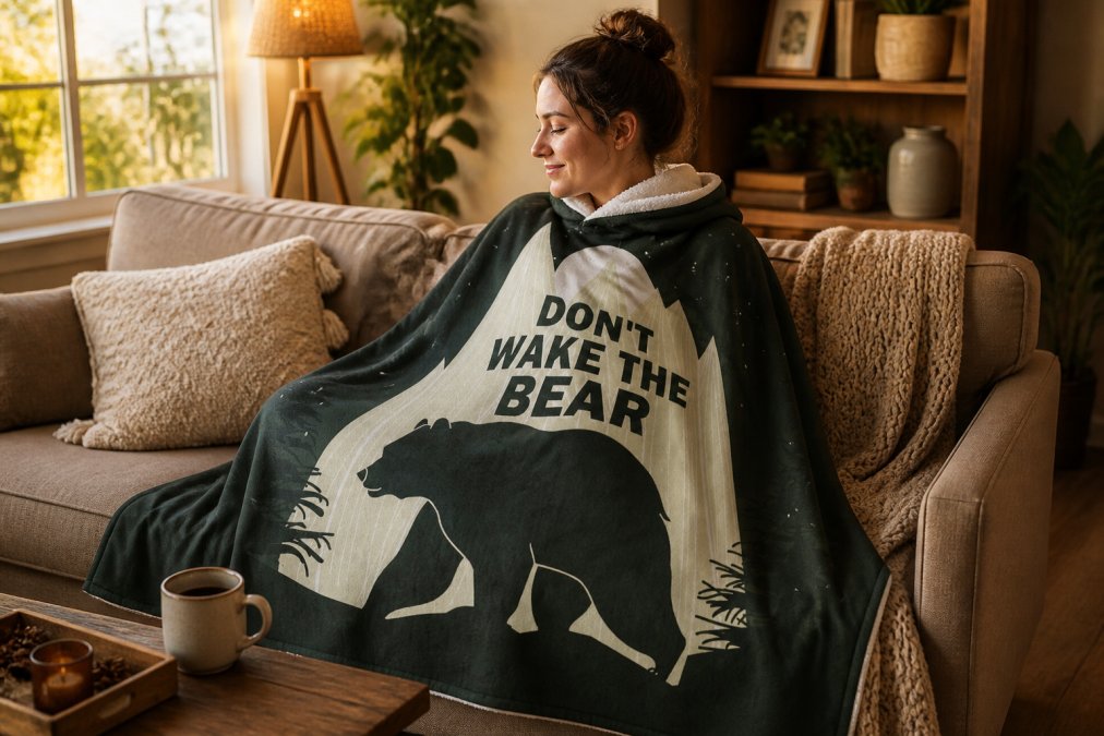 Person wrapped in a soft plush blanket on a living room couch during evening relaxation, warm natural lighting filtering through windows, cozy home setting with warm decor