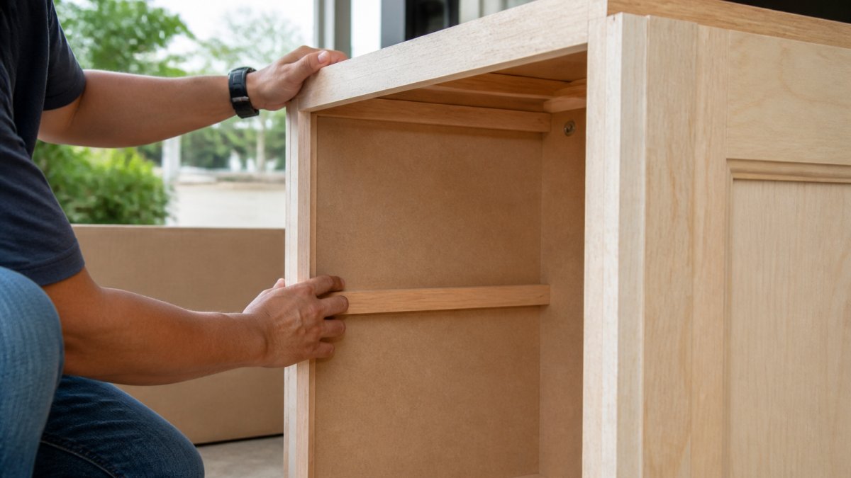Homeowner carefully examining the interior of an RTA cabinet box, inspecting wooden joinery and frame structure under natural daylight, checking for dents or damage on the cabinet exterior