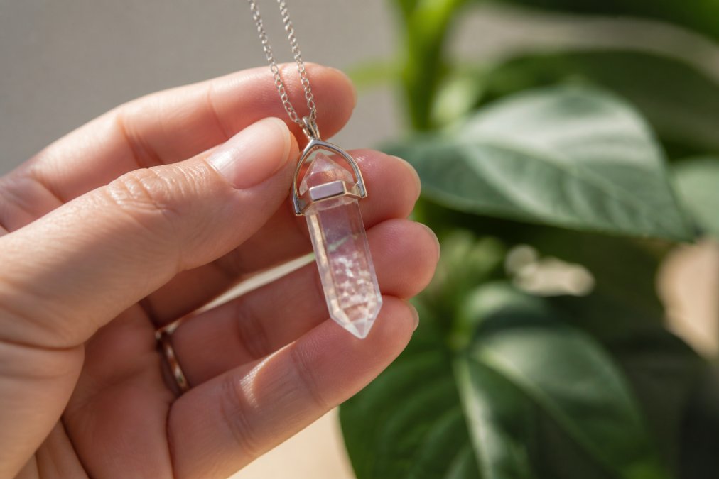 Close-up of a hand holding a pendant necklace with a clear quartz crystal, showing the silver setting and natural stone details in soft natural light