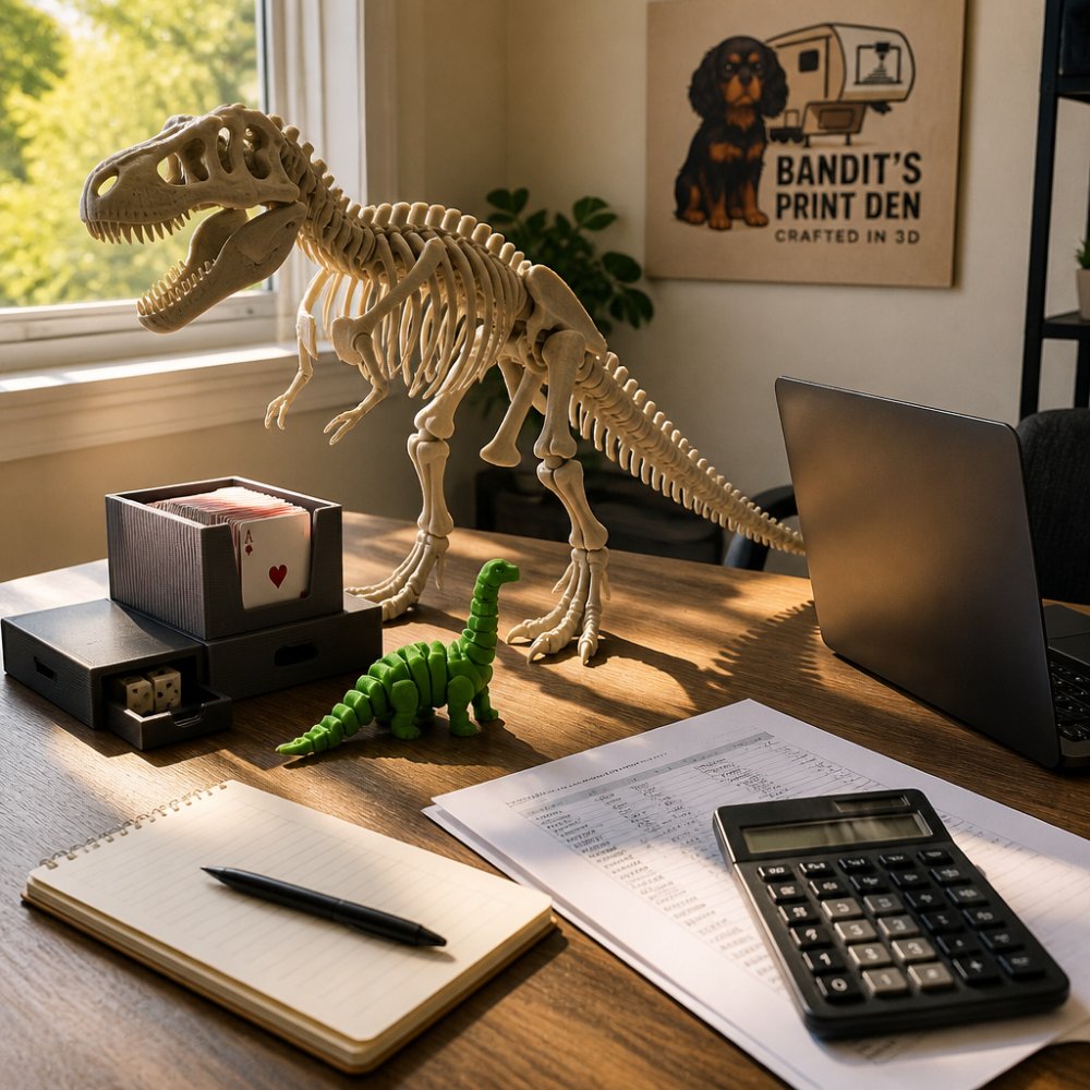 Articulated T-Rex skeleton and custom 3D printing projects on a desk