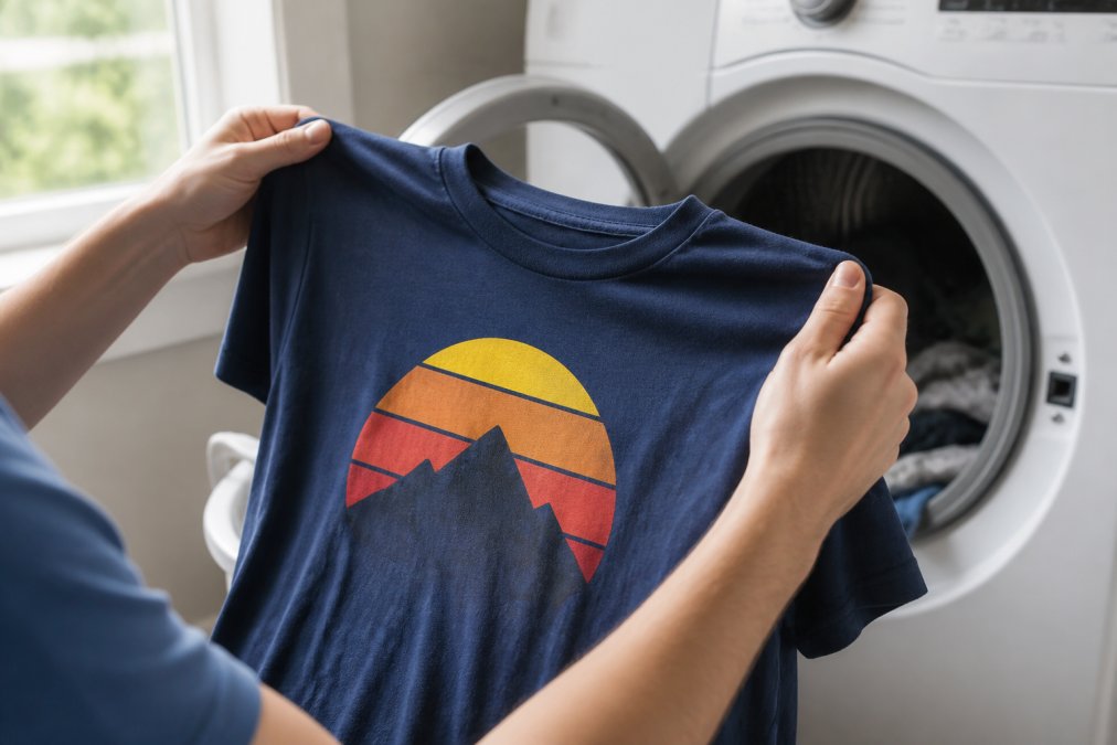 Close-up of hands holding a custom-printed t-shirt next to a residential washing machine, showing the printed logo area after several washes, in a bright laundry room