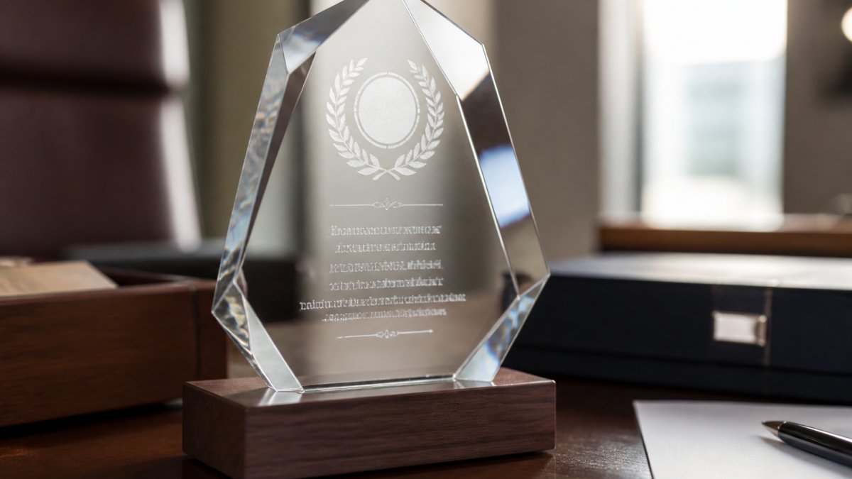 Crystal award with frosted laser engraving mounted on a dark walnut base under soft office lighting