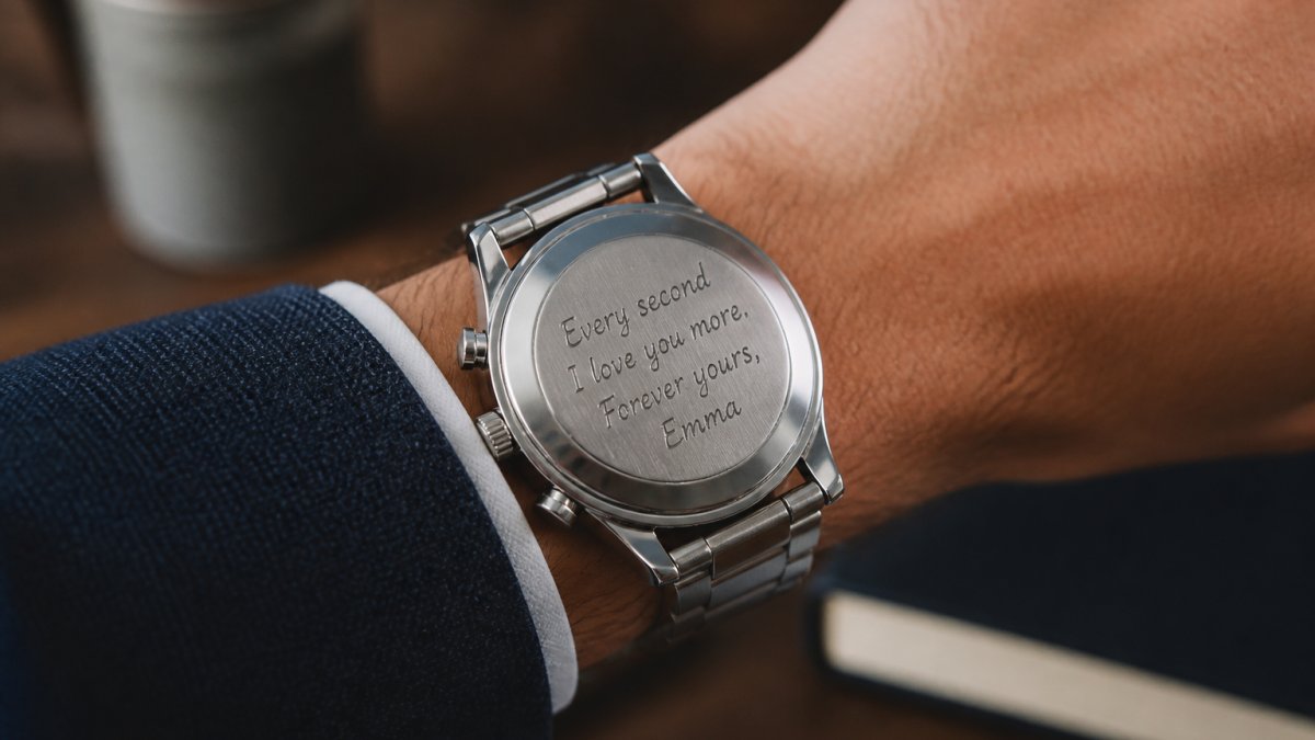 Infographic displaying heartfelt engraving ideas for a stainless steel chronograph watch case back