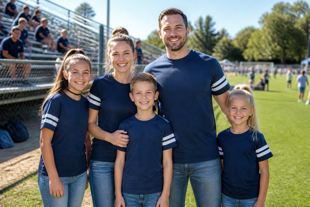 Family of five wearing coordinated custom apparel at outdoor sports event, standing together showing different sizes from youth to adult, all wearing matching designs that scale proportionally across their bodies, natural daylight