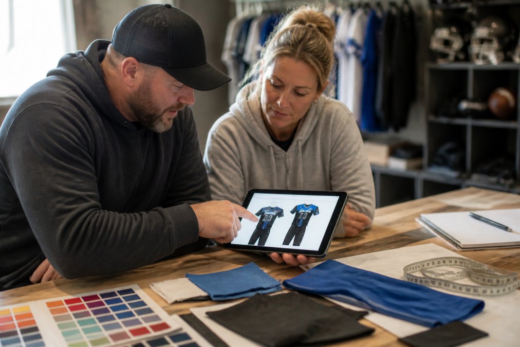 Coach and parent reviewing custom team uniform mockups on a tablet together, pointing at design details and discussing color options in a casual team setting with natural lighting