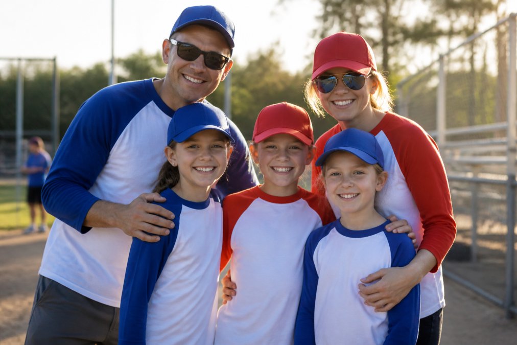 Family members wearing coordinated custom sports apparel in different colors and sizes, smiling outdoors on game day with natural sunlight