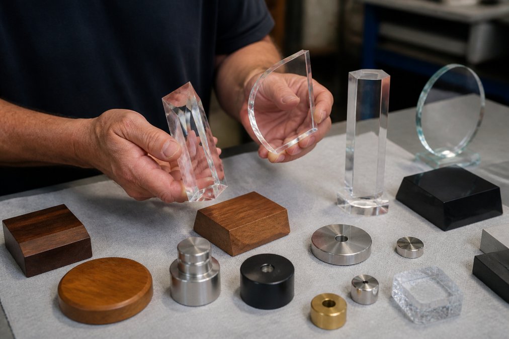 Close-up of hands holding various award materials including polished crystal, brushed acrylic, wooden bases, and metal components arranged on a work surface in natural lighting