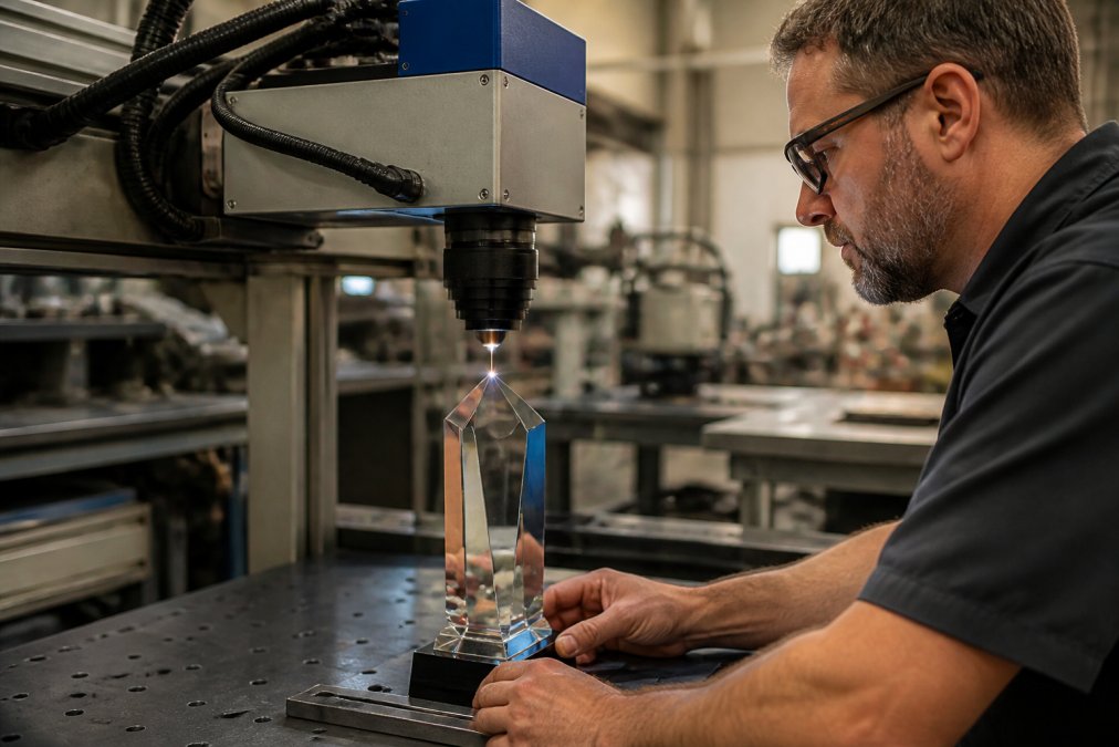 Skilled craftsperson operating a laser engraving machine on a custom trophy in a manufacturing facility with overhead lighting and precision equipment visible