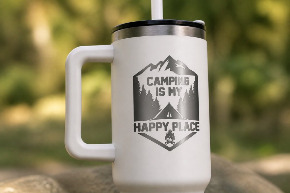 Close-up of a premium stainless steel tumbler showing crisp laser-engraved design detail, matte powder coating finish, and the curved ergonomic handle against soft natural lighting