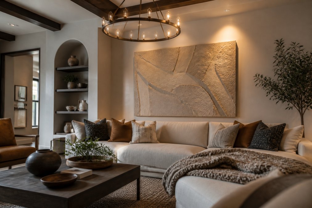 A newly renovated living room with carefully curated statement lighting fixture casting warm light across textured wall art, layered soft furnishings including quality throw pillows and a handwoven textile, creating an inviting sophisticated ambiance with visible architectural details