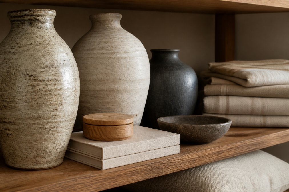 Close-up detail of high-end decorative objects including artisan-crafted ceramic vases with visible hand-thrown marks, quality linen textiles with subtle weave patterns, and carefully arranged objects on a shelf showing material craftsmanship, tactile texture, and refined aesthetic composition