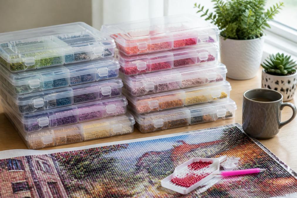 Organized craft workspace displaying multiple stackable storage trays with clear lids containing neatly sorted diamond drills in distinct color groups, with a diamond painting project in active progress on the workspace beside the organized trays