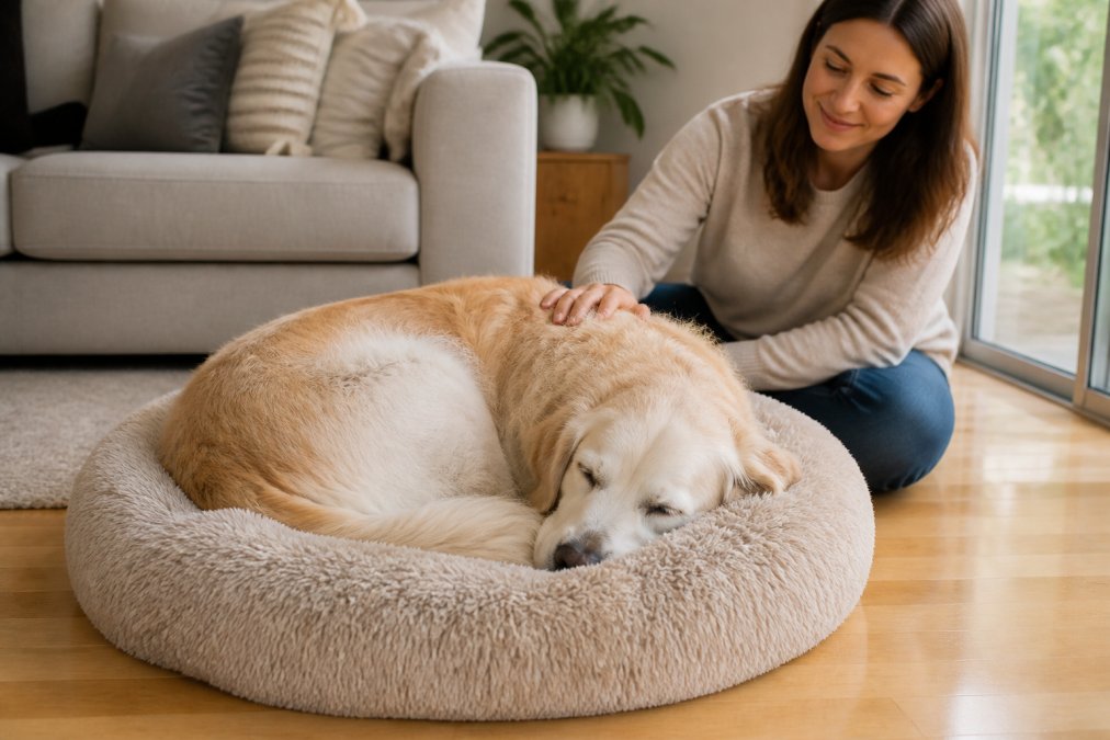 A large senior dog curled tightly on a plush donut bed with a raised rim, in a bright living room with wooden flooring and soft afternoon light