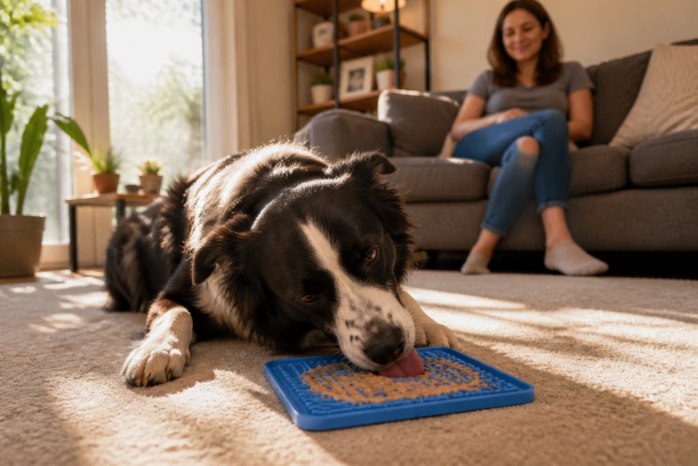 Happy dog licking peanut butter from a blue silicone lick mat, a type of dog enrichment feeders, on a rug.