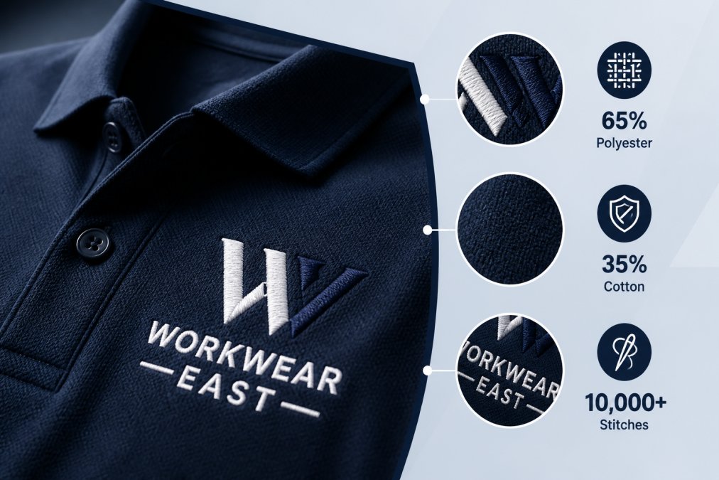 Close-up of embroidered polo shirt showing detailed thread stitching and colour vibrancy with natural lighting highlighting fabric texture and logo definition