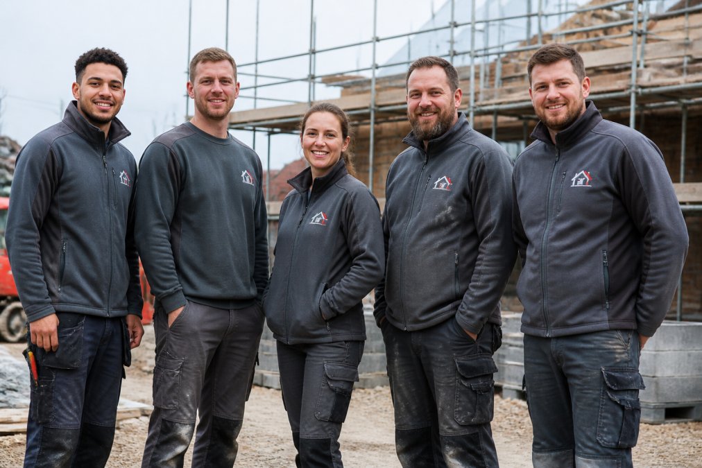 Team of construction workers wearing matching embroidered workwear with company logo, standing together on a job site with natural outdoor lighting