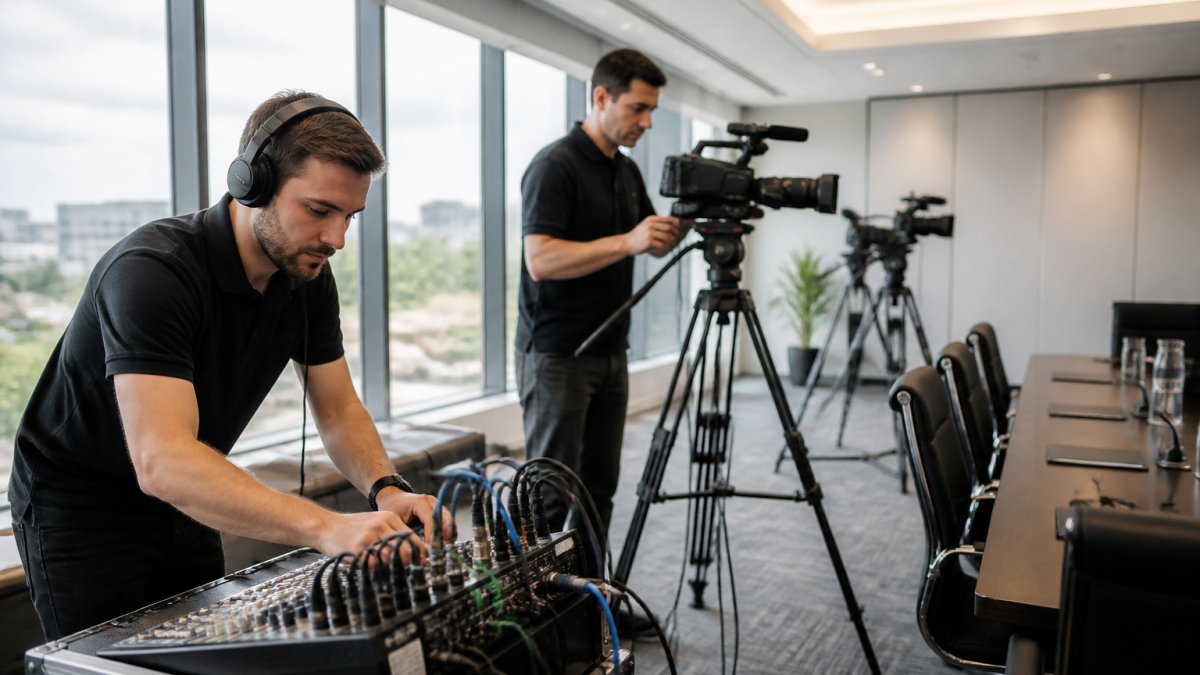 Professional camera operator and sound technician setting up multi-camera equipment in a modern conference room before a corporate event broadcast, with natural window lighting and modern conference table visible