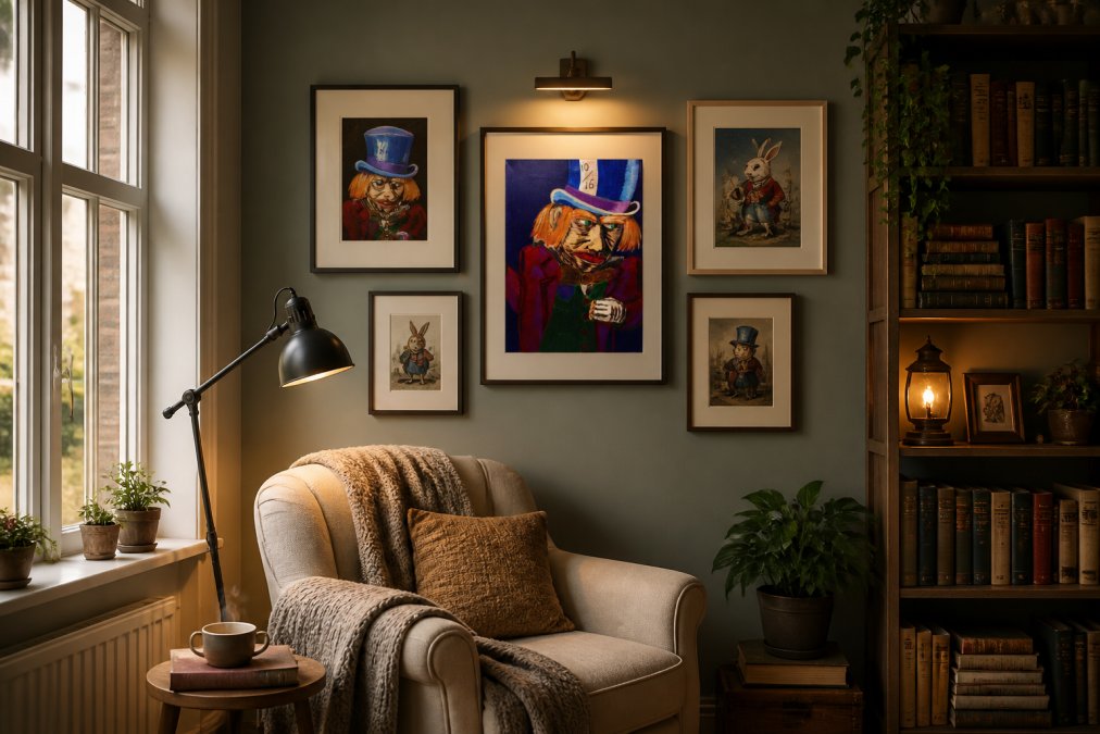 Cozy reading nook with a curated gallery wall of character-inspired fable prints in various sizes, framed in natural wood and black frames, arranged at eye level with warm ambient lighting highlighting the artwork colors and details