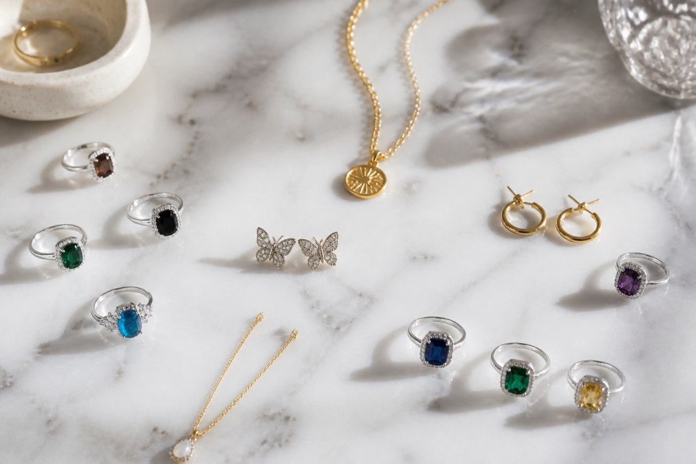 Flat lay of assorted fashion jewelry pieces including sterling silver rings, gold vermeil necklaces, and stud earrings arranged on a white marble surface under soft natural light
