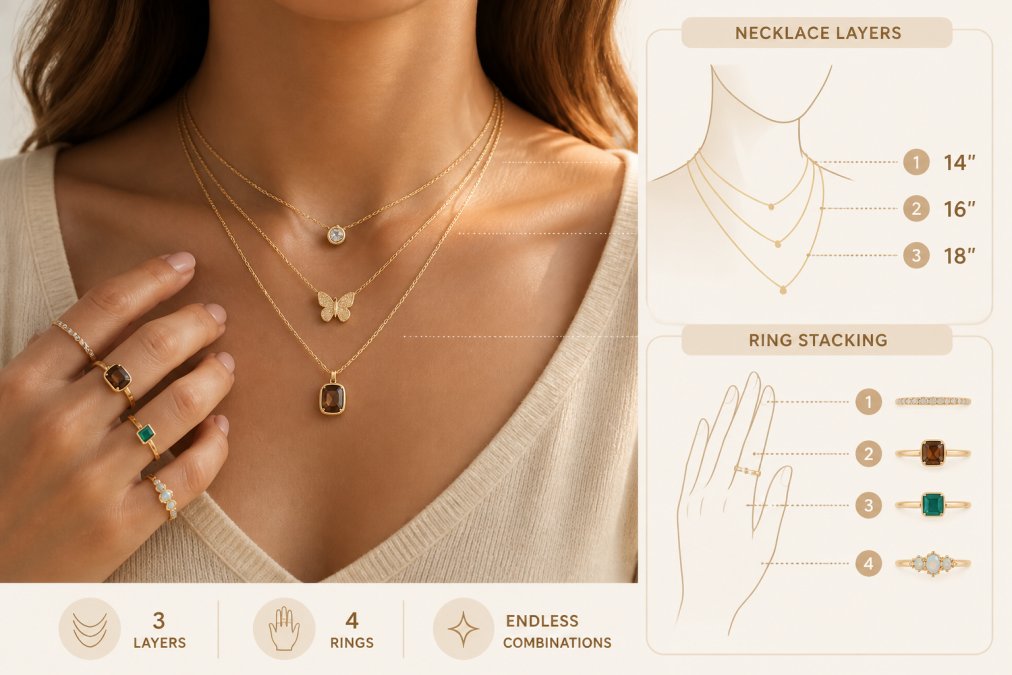 Close-up of a woman's neck and collarbone showing three layered delicate gold necklaces at varying lengths, paired with stacked rings on her fingers, shot in warm natural window light with a soft-focus background