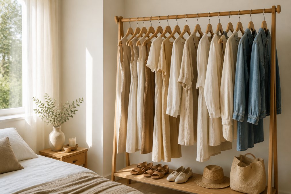 A neatly organized open wardrobe with curated clothing pieces in neutral tones, linen dresses, a satin midi dress, and denim pieces, arranged on a wooden clothing rack in a sunlit, minimalist bedroom with white walls