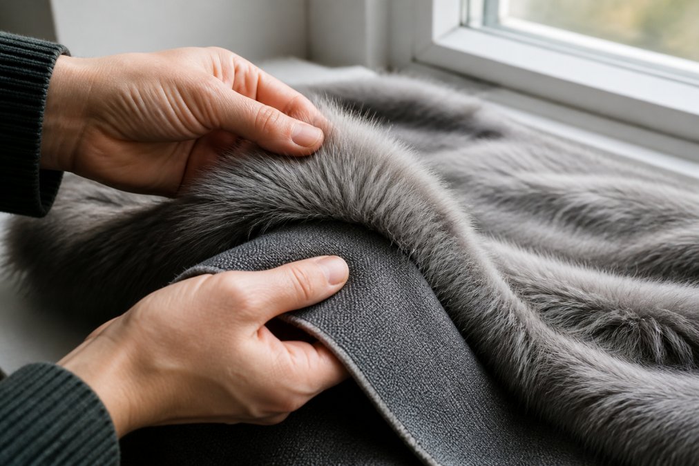 Close-up of hands examining faux fur fabric texture, fingers measuring pile length against natural window lighting, showing the backing detail underneath