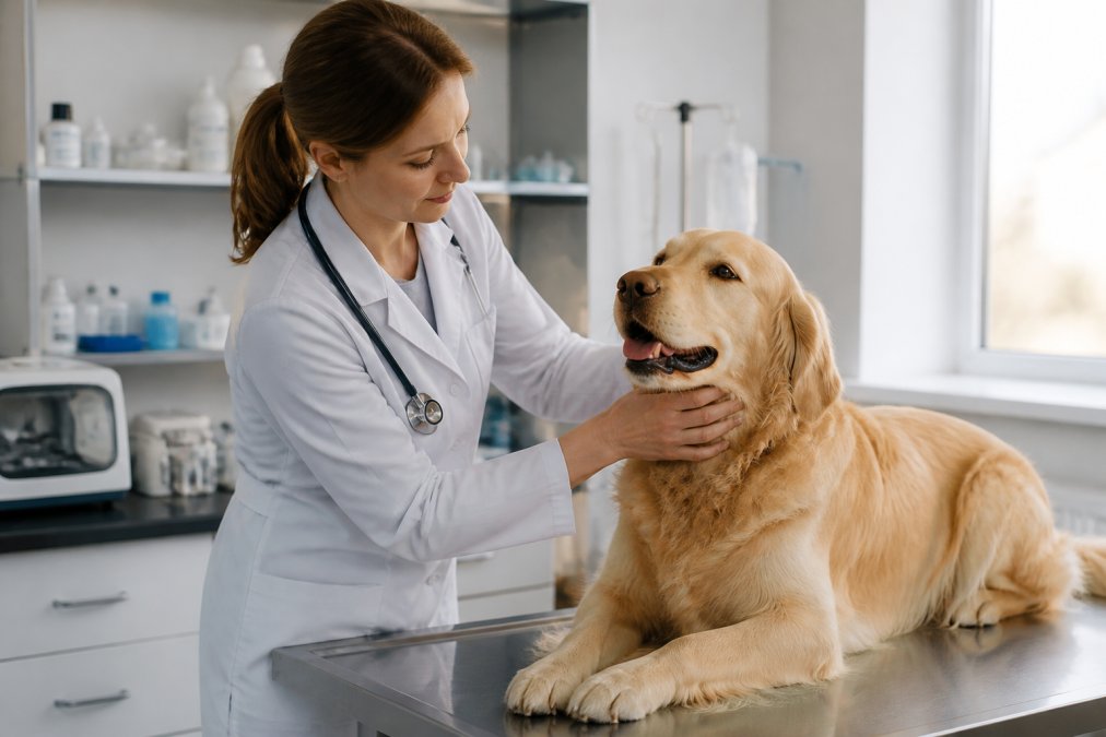 Veterinarian in white coat performing gentle physical examination on a calm golden retriever on a clean stainless steel examination table in a bright, modern clinic room with diagnostic equipment visible on shelves and soft natural lighting