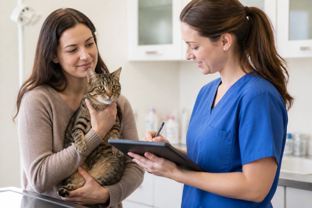 Pet owner holding a calm tabby cat while veterinary technician takes detailed notes on a digital clipboard during wellness appointment, showing collaborative communication between owner and veterinary staff in bright clinic setting