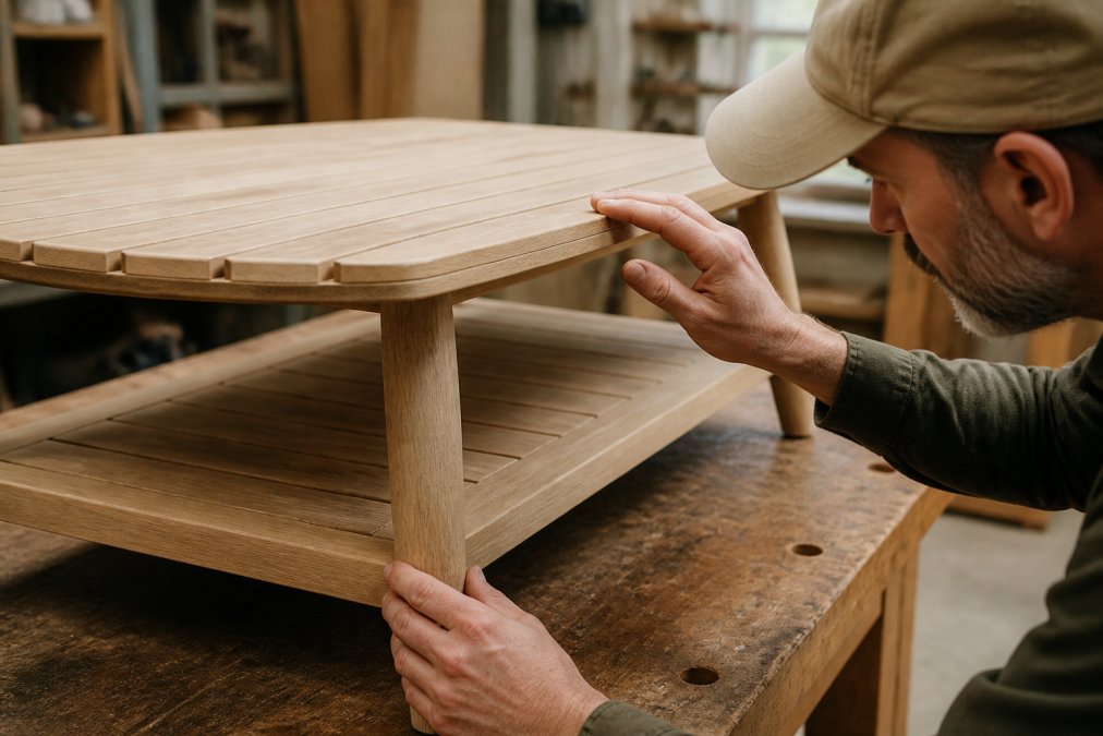 Close-up of artisan's hands examining wood grain and joinery details on a solid hardwood furniture piece in natural workshop lighting, showing texture and craftsmanship