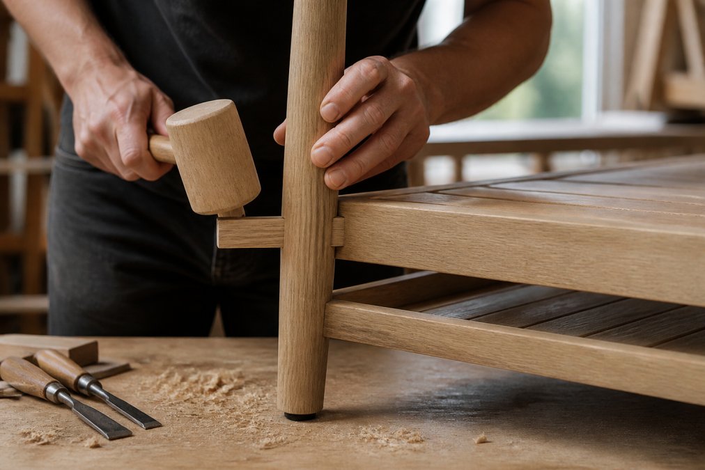 Skilled furniture maker's hands performing detailed mortise and tenon joinery on wooden frame in bright workshop, showing precision hand tools and wood shavings