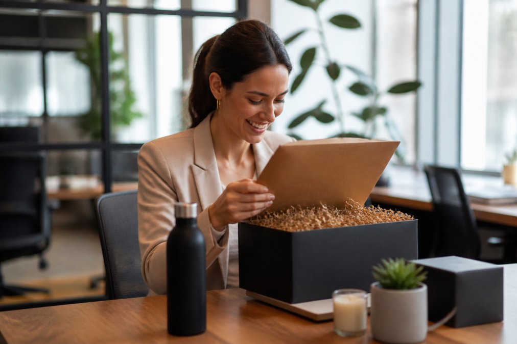 Professional woman smiling whilst unwrapping high-quality gifts for employee retention at a bright, sunlit modern office