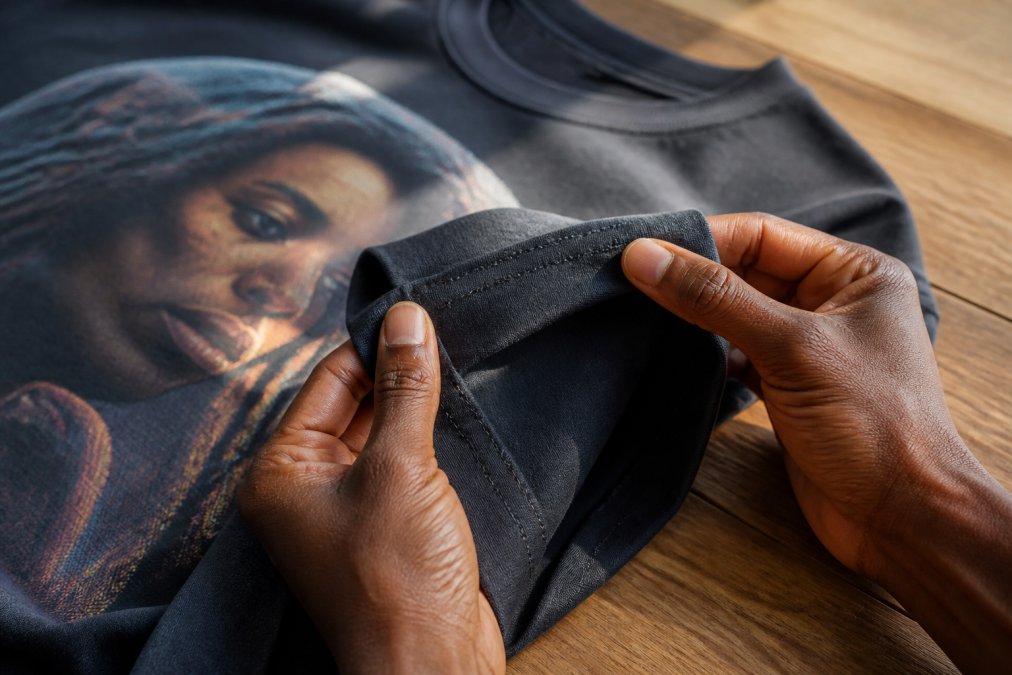 Diagram showing how fabric weight and stitching differentiate high-quality graphic tees from fast fashion.