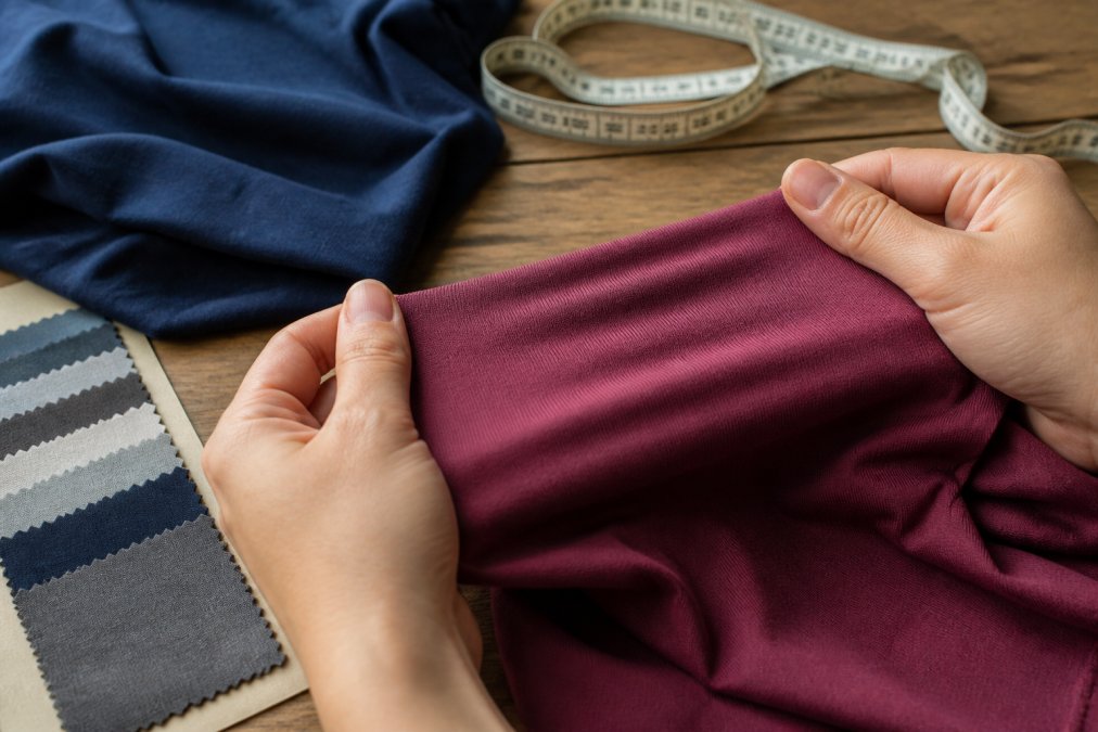 Close-up of hands stretching a cotton t-shirt fabric to show weave density and elasticity, with a tape measure and fabric swatches on a wooden table