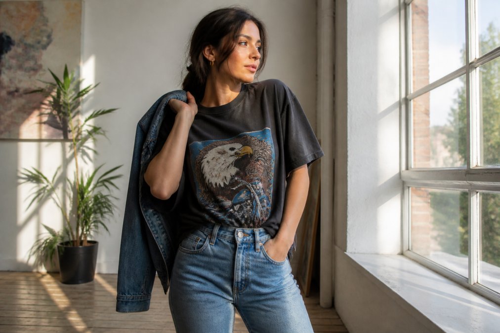 Woman in an oversized vintage graphic tee and jeans with a denim jacket, styled for casual graphic tees for women looks.