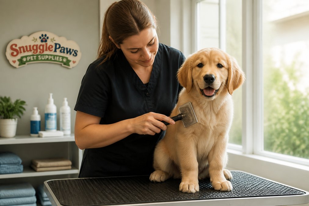 Person gently grooming a golden retriever puppy with a slicker brush on a grooming table, puppy sitting calmly with natural window lighting