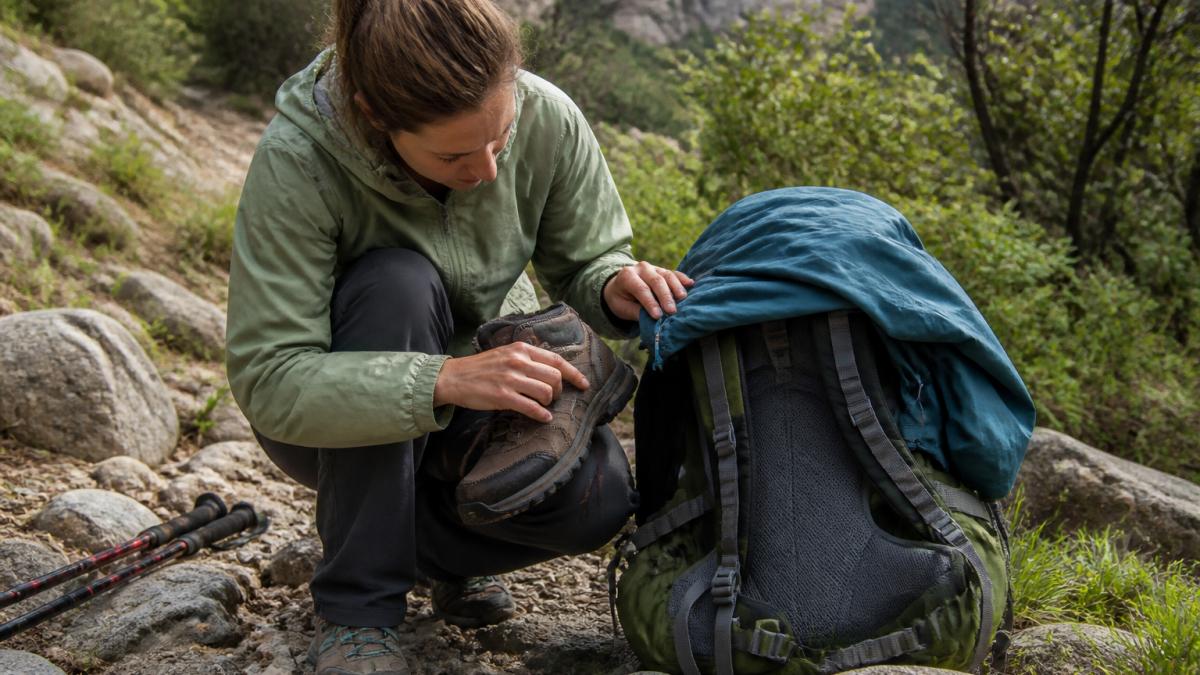 A hiker crouching beside a backpack on a rocky trail, inspecting the stitching on a boot and checking the fabric of a jacket in natural daylight