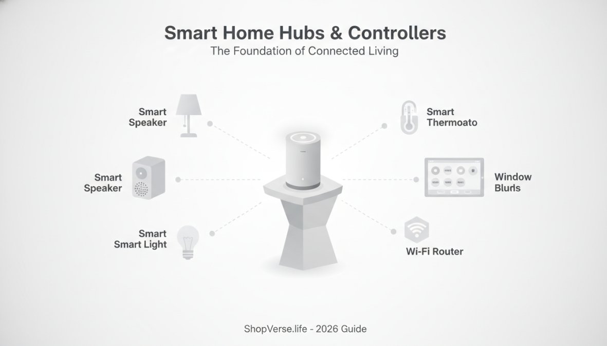 Modern living room with a smart home hub device on a side table, surrounded by connected devices like smart speakers, lights, and a tablet displaying home automation controls