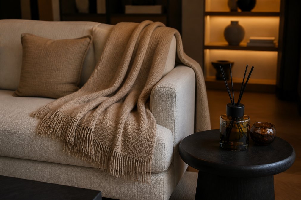 A beautifully styled living room corner featuring a handwoven alpaca throw blanket draped over a modern sofa in warm neutral tones, with a luxury fragrance diffuser on a side table and soft amber lighting creating an inviting, sophisticated atmosphere