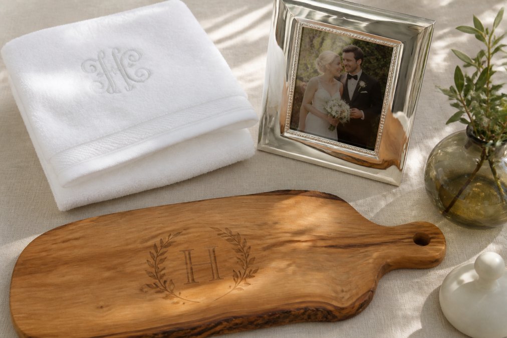 A styled flat-lay arrangement on a neutral linen background showing monogrammed luxury items including a folded white bath towel with delicate monogram initials, an engraved sterling silver frame displaying a wedding photograph, and a personalized live edge wooden serving board with custom engraving, arranged with soft natural window lighting