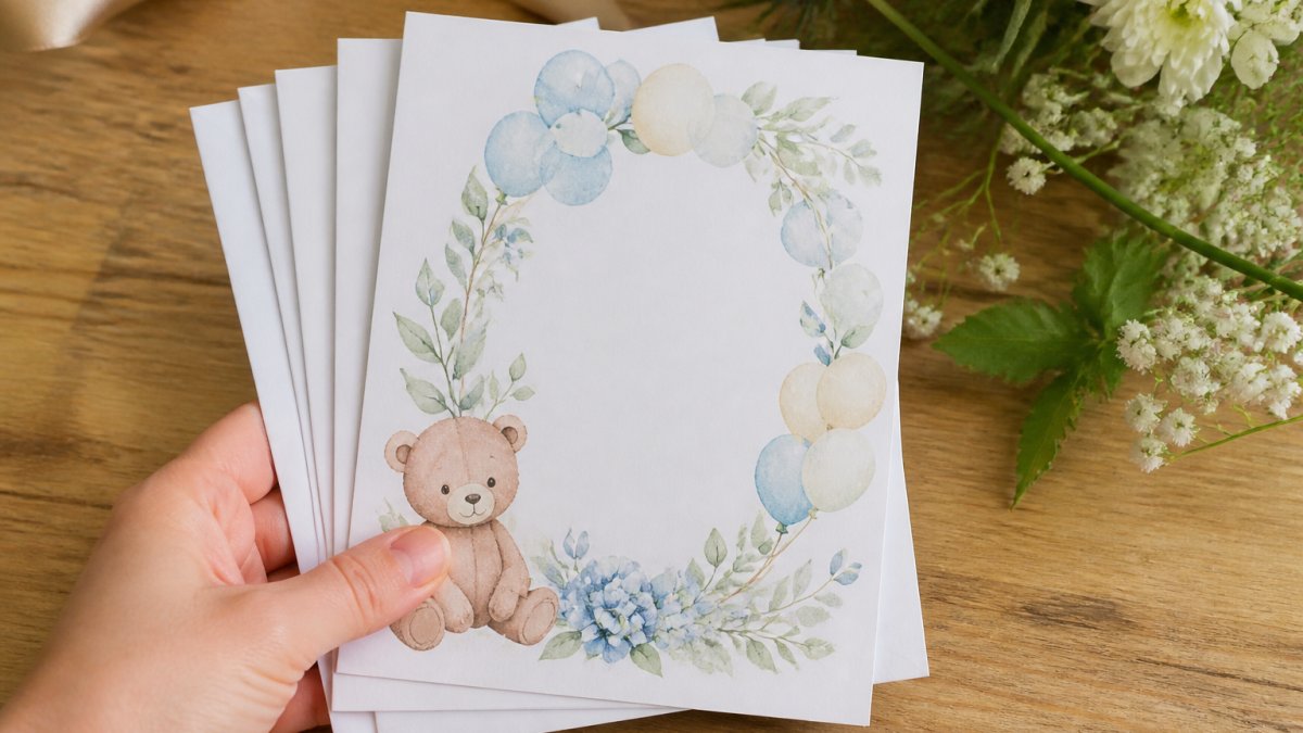 A close-up of a hand holding a stack of five beautifully printed baby shower invitations with white envelopes, soft natural light on a wooden table with a few flowers nearby