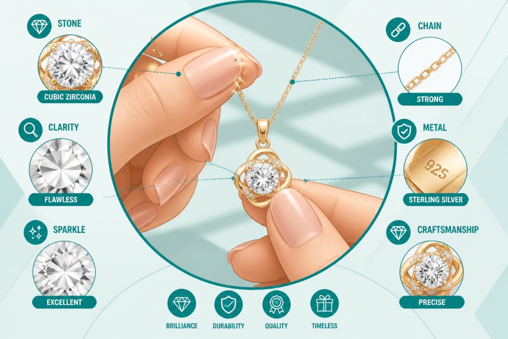 Close-up of hands holding and examining a delicate gold necklace with cubic zirconia pendant under natural light, showing detail of the craftsmanship and sparkle