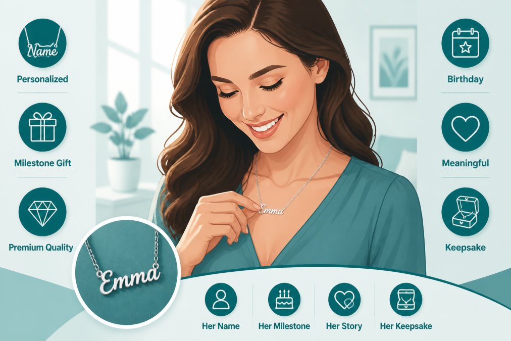Woman wearing a personalized name necklace, smiling and touching the pendant, with soft natural lighting and blurred background showing a warm home setting
