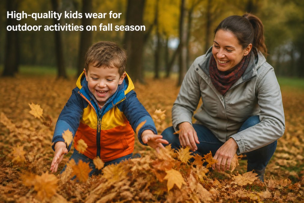 A child in a colorful 3-in-1 jacket playing in autumn leaves while a parent watches nearby in a park.