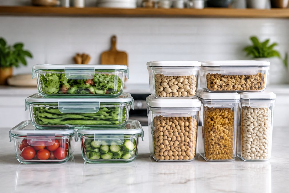 A clean, bright modern kitchen counter with a neatly organized set of glass and plastic storage containers, some filled with fresh produce and dry goods, showing airtight lids and stackable design