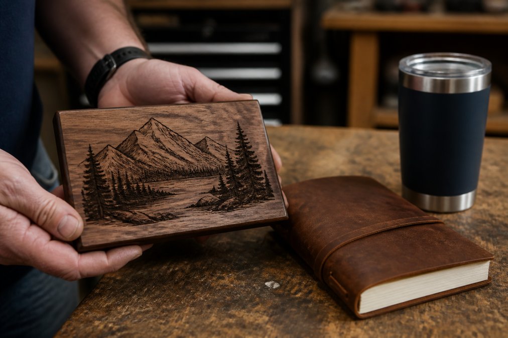 Close-up of a craftsman's hands holding a freshly engraved walnut wood plaque next to a leather journal and an anodized metal tumbler on a workbench, warm workshop lighting