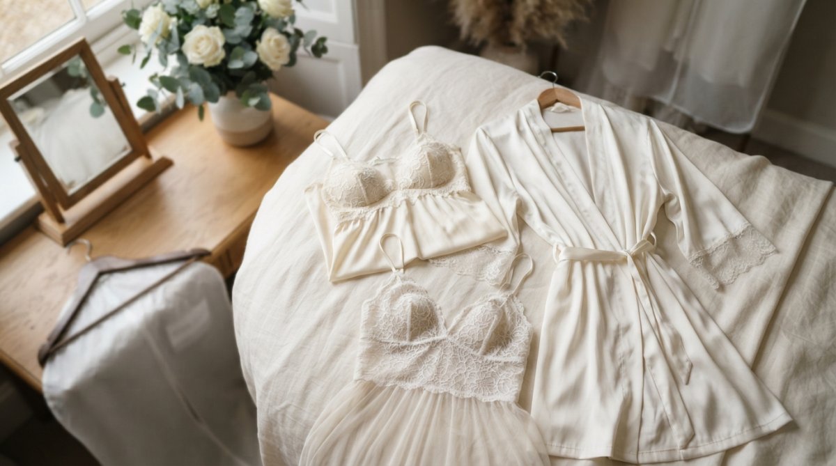 Flat lay arrangement of luxury bridal lingerie pieces including silk babydoll, delicate lace chemise, and silk robe displayed on soft ivory fabric, showcasing fine textures and elegant details